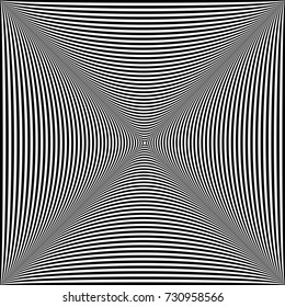 Abstract twisted black and white symmetrical background. Optical illusion of distorted surface. Twisted stripes. Vector illustration.