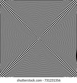Abstract twisted black and white symmetrical background. Optical illusion of distorted surface. Twisted stripes. Vector illustration.