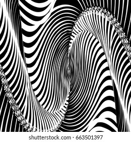 Abstract twisted black and white wavy background. Optical illusion of distorted surface. Twisted stripes. Vector illustration.