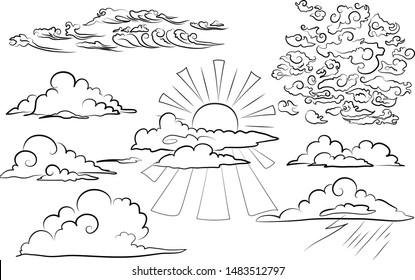 Abstract twisted clouds. Close to the eastern style. Hand drawn vector illustration.