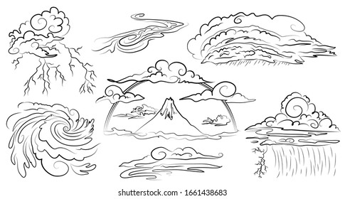 Abstract twisted clouds. Set of thunderstorms, swirls and layered feather clouds. Approximately to the eastern style. Hand drawn vector illustration.