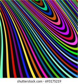 Abstract twisted colorful background in neon colors. Optical illusion of distorted surface. Twisted circular stripes. Rainbow texture. Vector illustration for disco poster, web, banner.