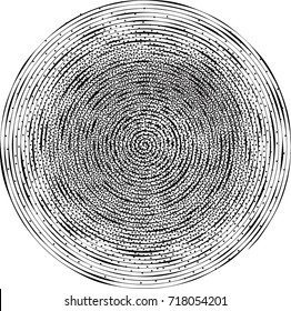 Abstract twisted dark grunge background in circle with dots and particles. Optical illusion of distorted surface. Motion, rotation, swirl, speed stylized graphic element.