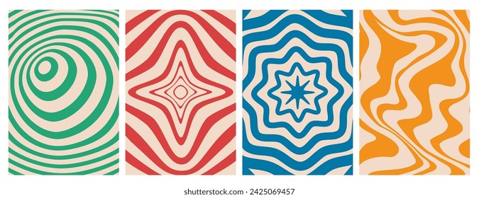 Abstract twisted and distorted texture. Groovy hippie backgrounds set. Wave, swirl, twirl pattern in trendy retro psychedelic style. Y2k aesthetic. Vector illustration