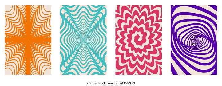 Abstract twisted and distorted texture. Groovy hippie backgrounds set. Wave, swirl, twirl pattern in trendy retro psychedelic style. Y2k aesthetic. Vector illustration