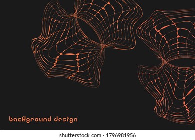 Abstract twisted, distorted wireframe design with curves, and lines. Vector grid illustration with grey, orange colors