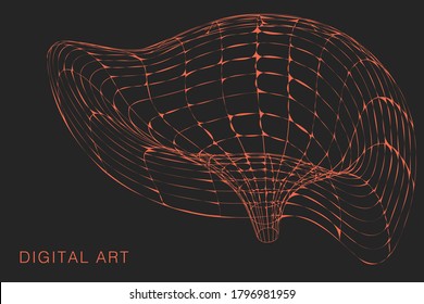Abstract twisted, distorted wireframe design with curves, and lines. Vector grid illustration with grey, orange colors