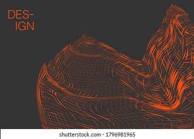 Abstract twisted, distorted wireframe design with curves, and lines. Vector grid illustration with grey, orange colors