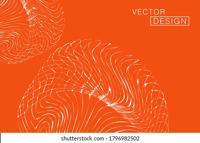 Abstract twisted, distorted wireframe design with curves, and lines. Vector grid illustration with orange background