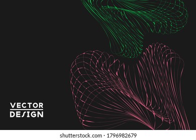 Abstract twisted, distorted wireframe design with curves, and lines. Vector grid illustration with neon colors on black background
