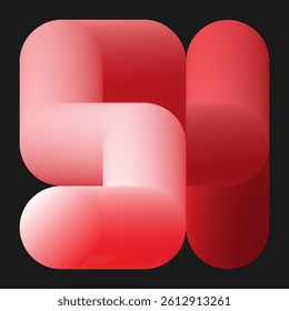 An abstract, twisted, elongated cylindrical shape forms a square-like structure on a black background. The red and white colors, smooth gradients and minimalist style create a modern, dynamic visual.