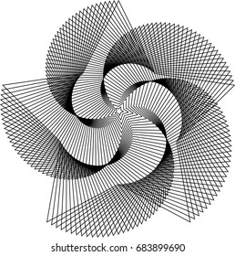Abstract twisted monochrome figure of intersected lines. Optical illusion background of distorted surface.  Radial volumetric shape. Element for design. Vector illustration. 