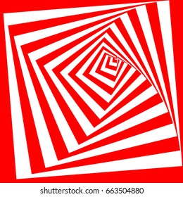 Abstract twisted red and white background. Optical illusion of distorted surface. Twisted stripes. Stylized 3d tunnel. Vector illustration.