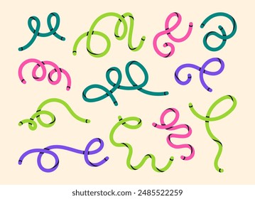 Abstract twisted scribble shapes. Colorful curved lines, funny minimalist style scribbles flat vector illustration set. Hand drawn scribble shapes