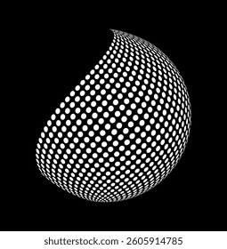 Abstract twisted sphere made of white halftone dots on a black background, creating a dynamic optical illusion effect. Concept of motion and transformation. Vector illustration