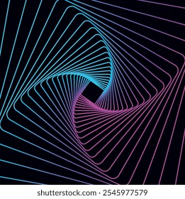 Abstract twisted spiral with blue-pink colors in cartoon style. Vector illustration of a colorful twisted spiral with a gradient in the shape of a square, isolated on a dark background.