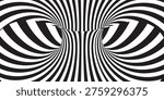 Abstract twisted stripe background with spinning tunnel effect. Monochrome optical illusion, hypnotic pattern, vector template for covers