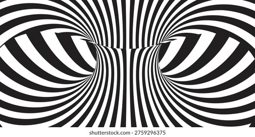 Abstract twisted stripe background with spinning tunnel effect. Monochrome optical illusion, hypnotic pattern, vector template for covers