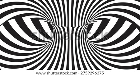 Abstract twisted stripe background with spinning tunnel effect. Monochrome optical illusion, hypnotic pattern, vector template for covers