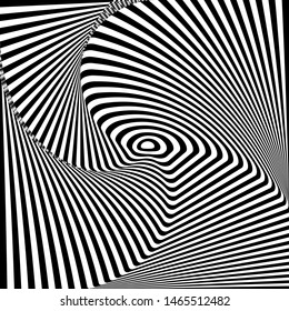 Abstract twisted striped black and white background. Optical illusion of distorted surface. Stylized 3d surface. Vector illustration. Great for wall art, poster, advertisement, banner, web.
