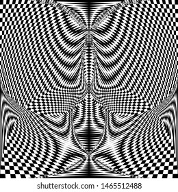 Abstract twisted striped black and white background. Optical illusion of distorted surface. Stylized 3d surface. Vector illustration. Great for wall art, poster, advertisement, banner, web.