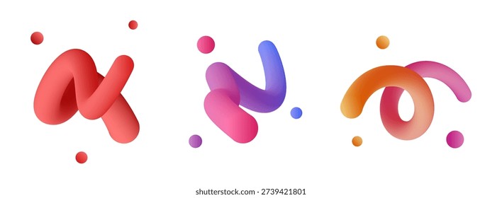 Abstract twisting shapes with dynamic curves and soft, fluid edges. Vector isolated 3d gradient swirls with dots. UI design or digital art projects. Modern aesthetics with energetic motion