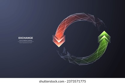 Abstract two arrows go round green and red in low poly technology style on a dark background. Currency exchange and money transfer concept. Digital recycle symbol. Vector polygonal illustration.