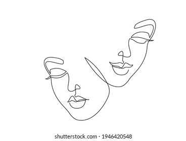 Abstract two beautiful woman faces happy   sad white background  Continuous one line drawing  Vector illustration