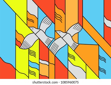 Abstract Two Birds, Doves Flying in The Sky in a Geometric Design, Illustration in Stained Glass Style. Vector, Illustration