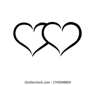 Abstract two black hearts shape outline. Vector illustration. Red heart icon in flat line art style.Symbol of love. Elegance, border.Valentine's day.Wedding.