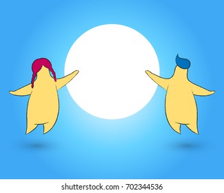 Abstract two chubby fat star man and woman, girl and boy people present blank white circle in flat style with pencil sketch strokes thin line design. Copy space. Vector illustration