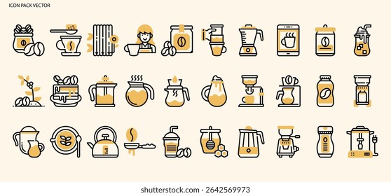 Abstract Two Color Line Icons for Coffee and Beverage Preparation