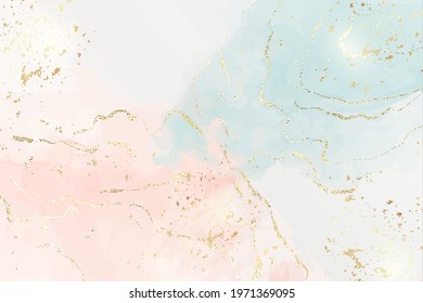 Abstract two colored pink and blue liquid marble background with gold foil textured stripes and glitter dust. Pastel marbled watercolor drawing effect. Vector illustration backdrop with gold splatter.