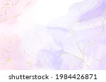 Abstract two colored rose and lavender liquid marble background with gold stripes and glitter dust. Pastel pink violet watercolor drawing effect. Vector illustration backdrop with gold splatter.