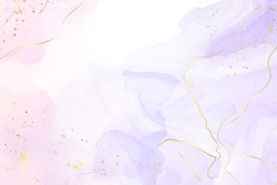 Abstract Two Colored Rose And Lavender Liquid Marble Background With Gold Stripes And Glitter Dust. Pastel Pink Violet Watercolor Drawing Effect. Vector Illustration Backdrop With Gold Splatter.