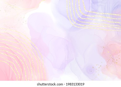 Abstrakte zwei farbige Rose und Lavendel-Marmor-Hintergrund mit goldenen Streifen und glänzendem Staub. Pastellrosa violetter Aquarellfarbenzeichnung. Vektorgrafik-Hintergrund mit Goldspat.