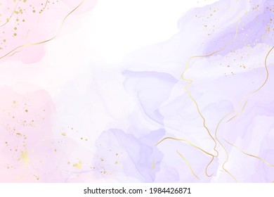 Abstract two colored rose and lavender liquid marble background with gold stripes and glitter dust. Pastel pink violet watercolor drawing effect. Vector illustration backdrop with gold splatter.