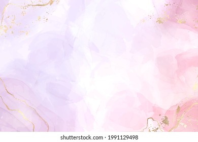 Resumen de dos colores rosa y lavanda de fondo de mármol líquido con rayas doradas y polvo de brillo  Efecto de dibujo de color rosa violeta pastel  Fondo de ilustración vectorial con bandeja dorada 