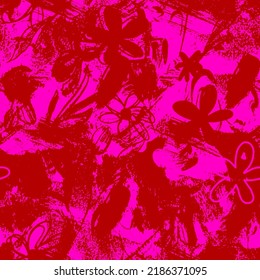 Abstract Two Colors Hand Drawing Old Brush Strokes and Flowers Seamless Vector Pattern Isolated Background