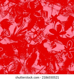 Abstract Two Colors Hand Drawing Old Brush Strokes and Flowers Seamless Vector Pattern Isolated Background