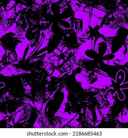 Abstract Two Colors Hand Drawing Old Brush Strokes and Flowers Seamless Vector Pattern Isolated Background