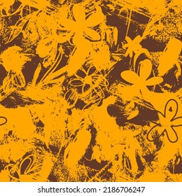 Abstract Two Colors Hand Drawing Old Brush Strokes and Flowers Seamless Vector Pattern Isolated Background