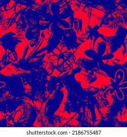 Abstract Two Colors Hand Drawing Old Brush Strokes and Flowers Seamless Vector Pattern Isolated Background