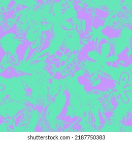 Abstract Two Colors Hand Drawing Old Brush Strokes and Flowers Seamless Vector Pattern Isolated Background