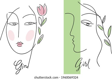 Abstract two faces of the young women . Minimalism design for logo, banner,  fashion print and tattoo.