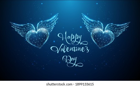 Abstract two flying blue hearts with wings. Happy Valentine's day card. Low poly style design. Abstract geometric background. Wireframe light structure. Modern 3d graphic concept Vector illustration. 