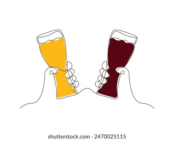 Abstract two hands with mug, glass beer, toast, continuous single line art drawing sketch, logo