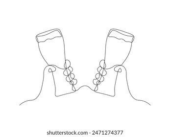 Abstract two hands with mug, glass beer, toast, continuous single line art drawing sketch, logo