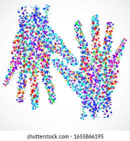 Abstract two human hand with colorful ink splashes, grunge splatters. Vector illustration. Eps 10