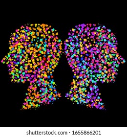 Abstract two human heads of colorful ink splashes, grunge splatters. Vector illustration. Eps 10